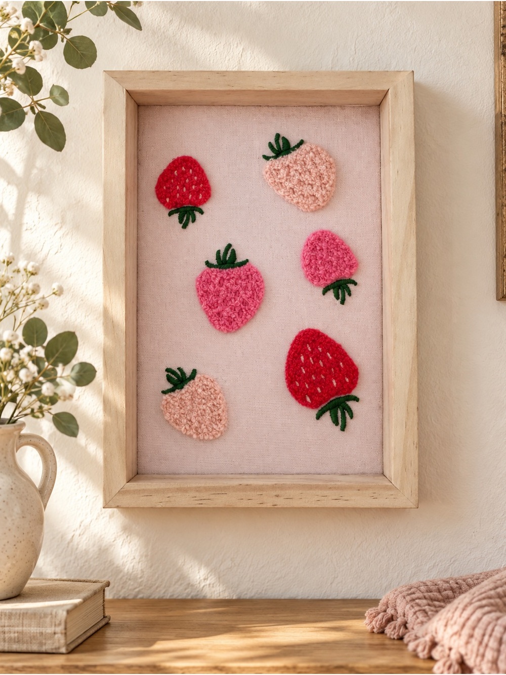 Strawberry Tufted Embroidered Wall Art Pink Cottagecore Wood Frame 6x9 Decor